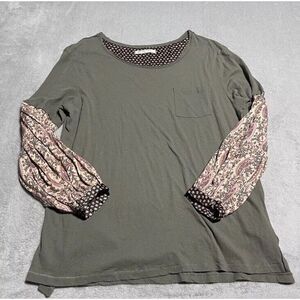 We The Free Top Womens Medium Green Floral Two Tone Puff Sleeve Tunic Oversized‎